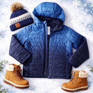 GAP Kids Blue Lightweight Puffer Jacket, Size M (8-9), Hooded Fall Jacket